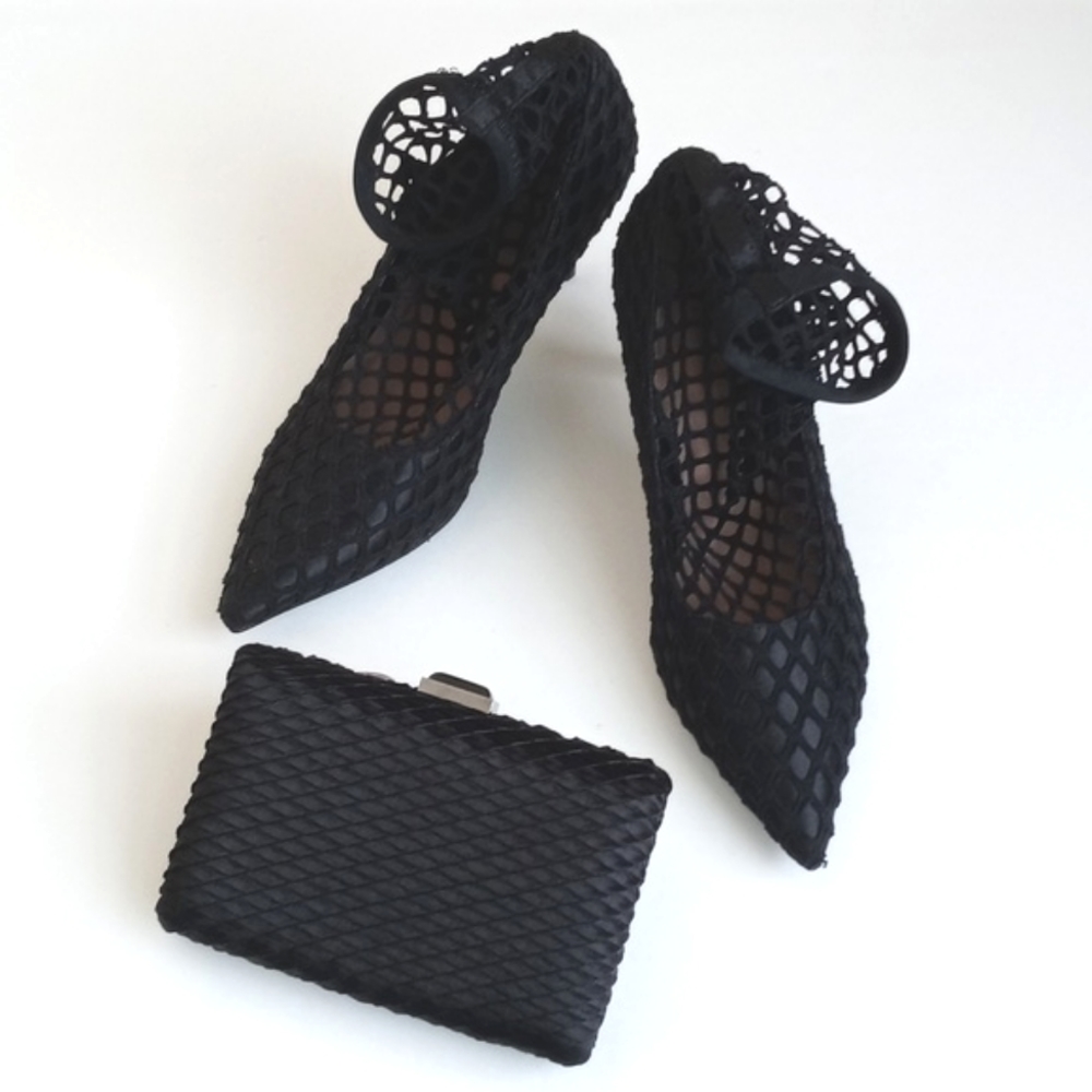 Gorgeous Zara Black Fishnet Satin Trim Kitten Ankle Heel Boots 7.5 & Clutch Set